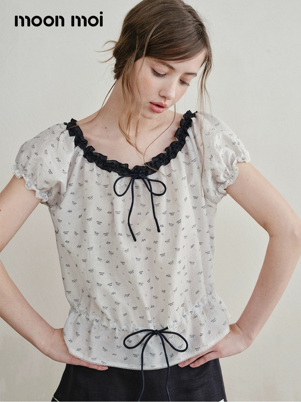 Moon Moi Cream Ruffle-Neck Peasant Blouse with Black Trim